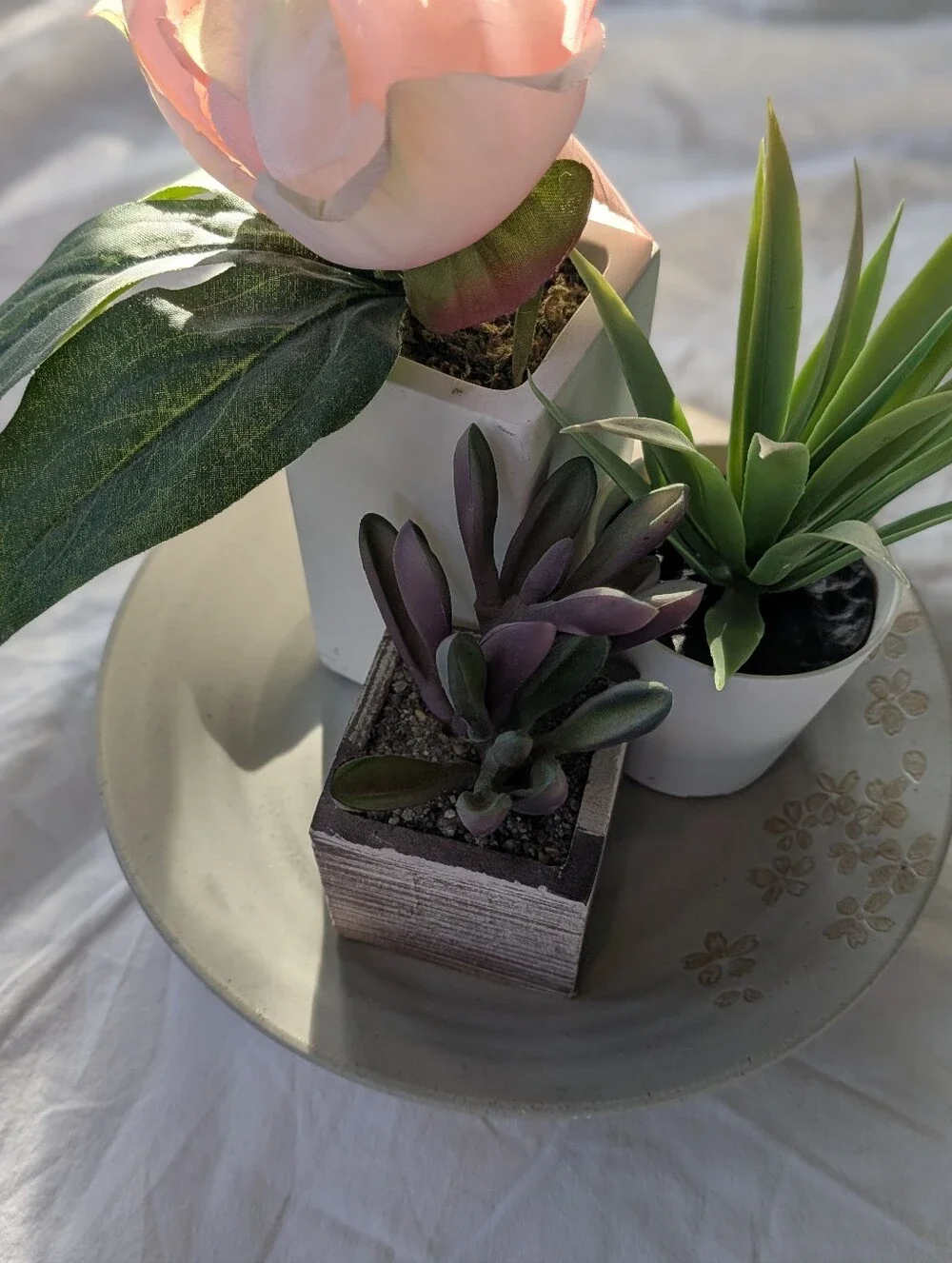 World Market Clay Dish With Artificial Pink Peony And Succulents